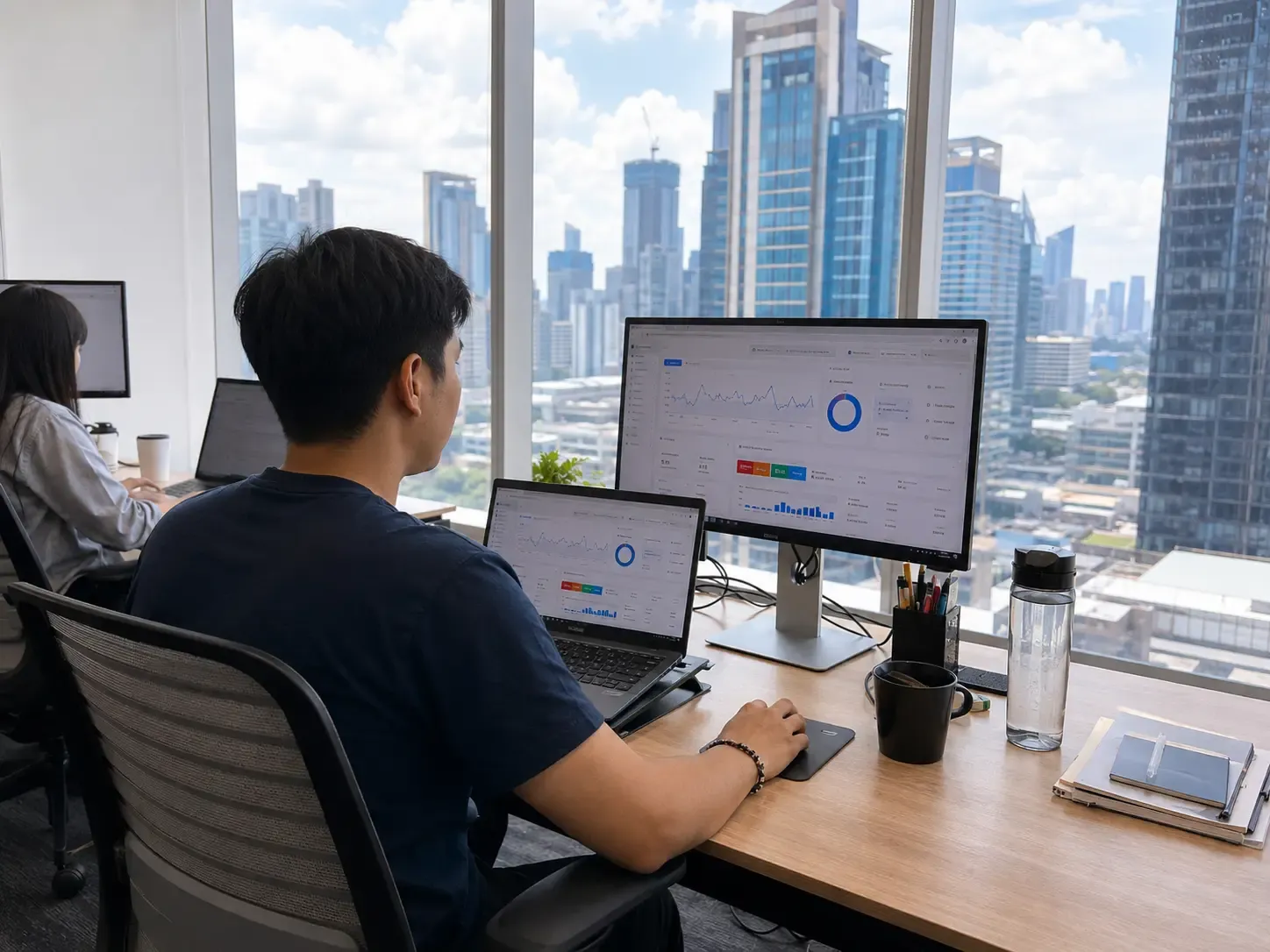 Modern office lounge in Bangkok with city view