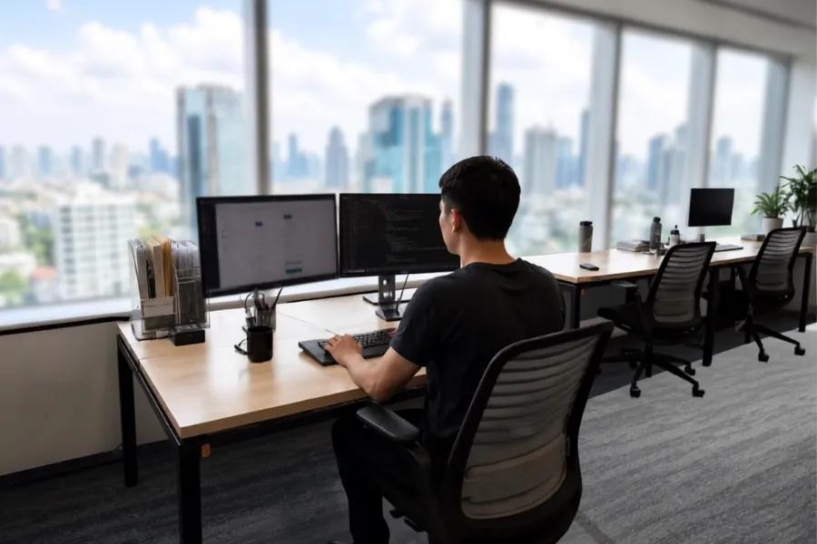 Backend developer at a desk with a Bangkok skyline view