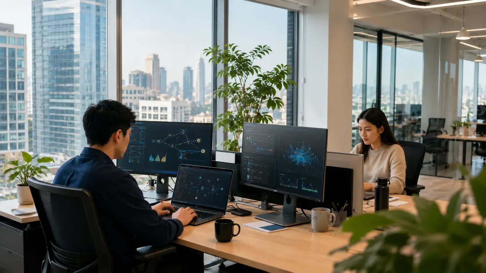 Modern office lounge in Bangkok with city view